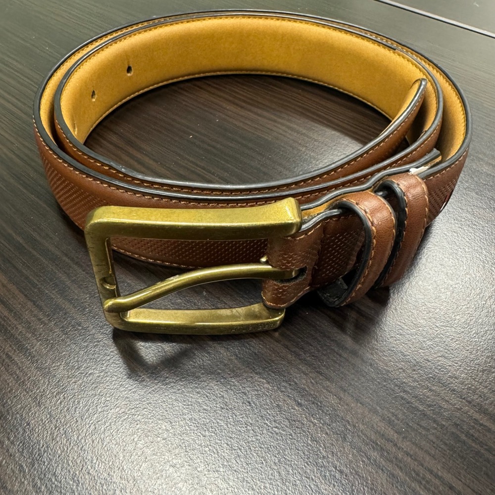 Tommy Hilfiger Belt Mens 34 Brown Texture Brass Buckle 11TL010013